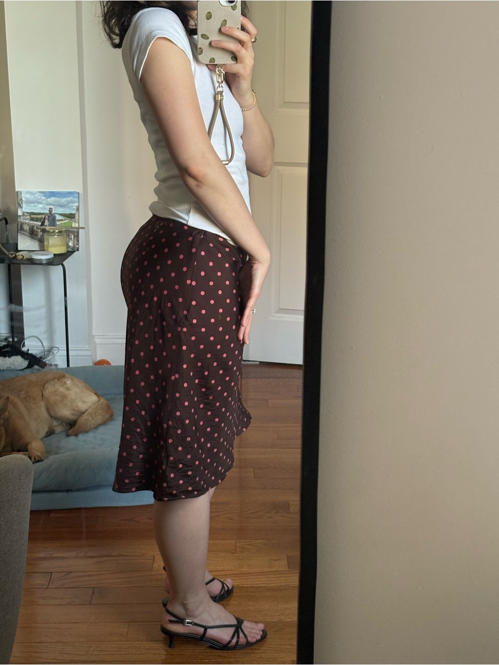 Vintage Jones New York Brown midi Skirt with Pink Polka Dots 100% silk